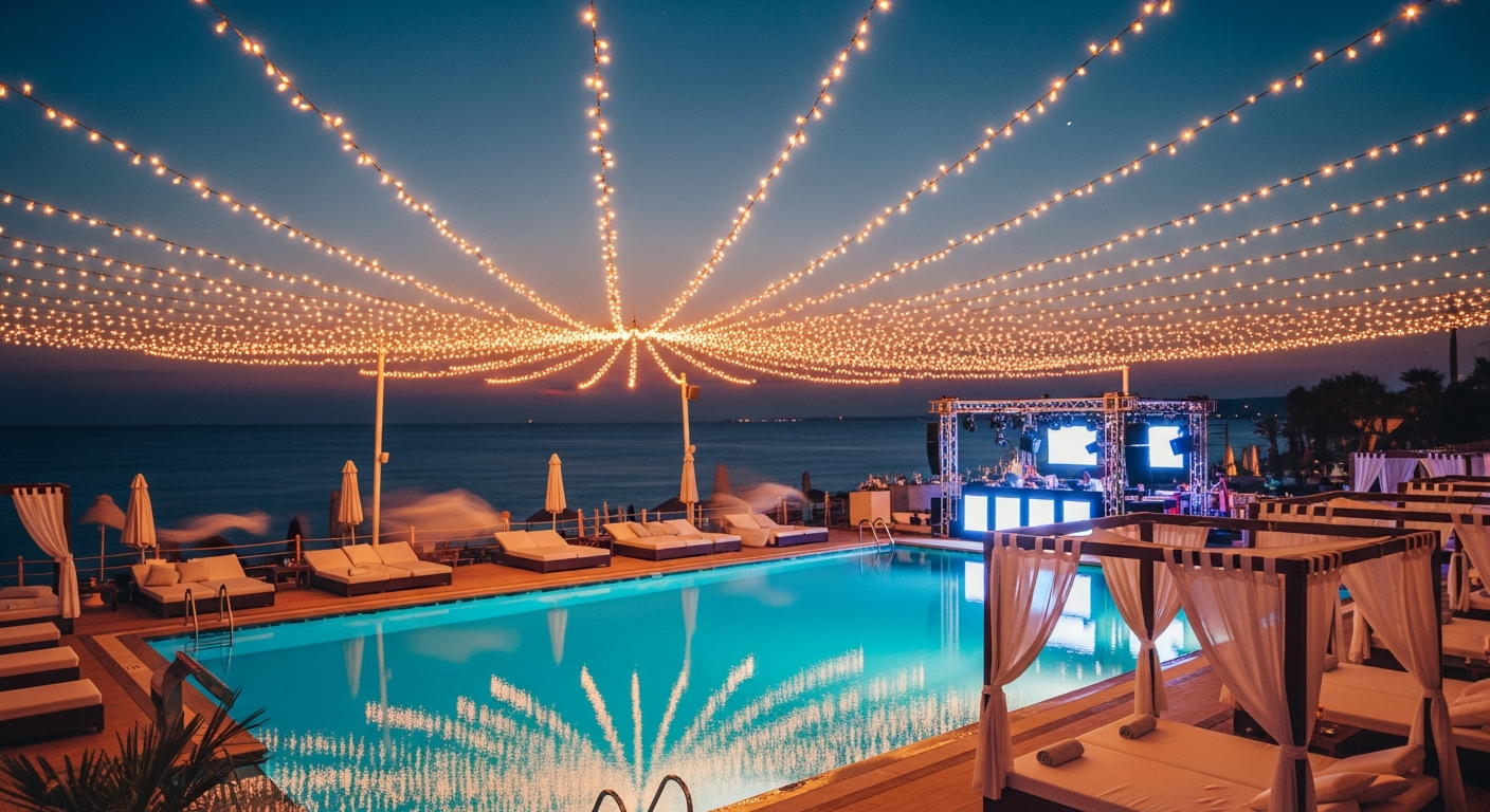 A vibrant open-air beach club in Sunny Beach at night with colourful lights and a crowd dancing near the sea