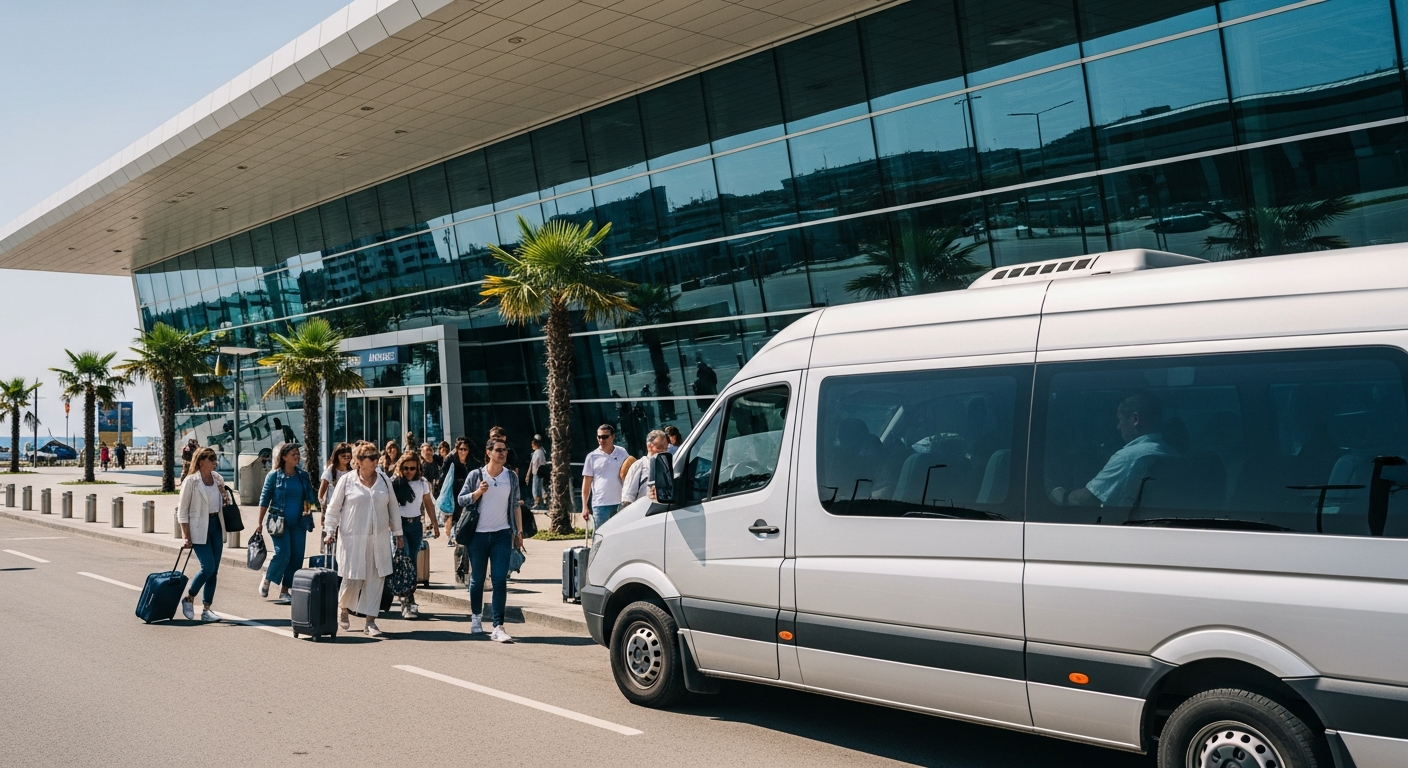 A private transfer minivan waiting outside Burgas Airport arrivals on a sunny day