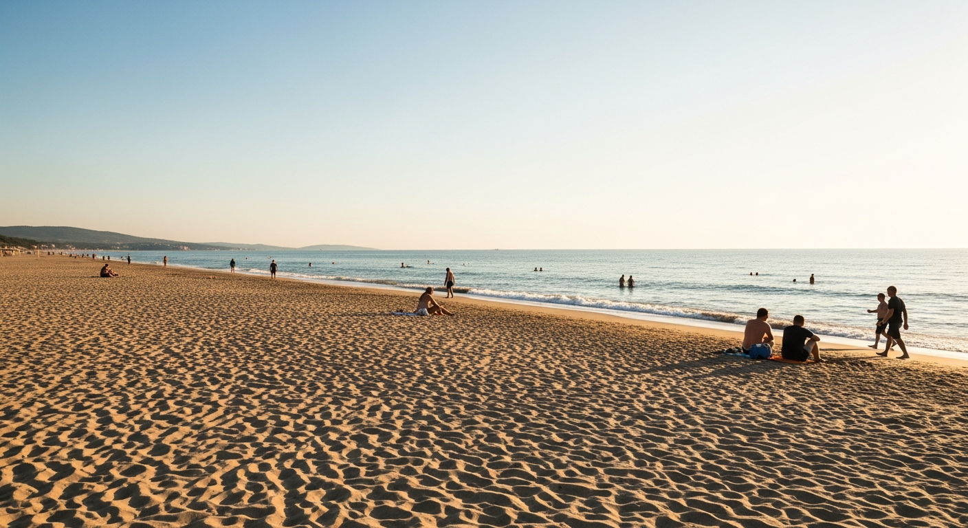 A wide sandy Sunny Beach shoreline under clear summer skies with the Black Sea and rows of sun loungers